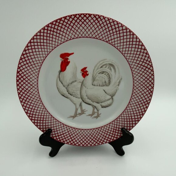 The Haldon Group Devonshire WHITE Rooster & Hen Dinner Plate Vintage Red & White - Picture 5 of 6